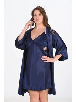 Ieg™ Premium Büyük Beden Saten Dantel Işlemeli Lacivert 2'li Gecelik Sabahlık Takımı Bigsi