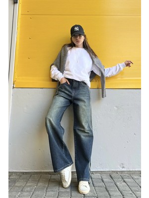 Pileli Store Yanı Şeritli Yıkamalı Baggy Jean
