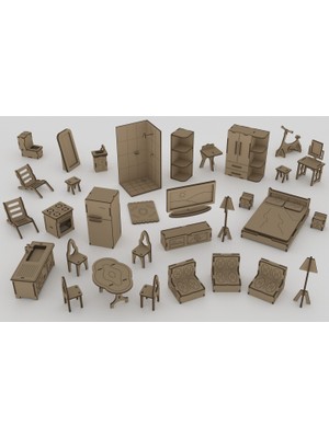 Porsuk Modern Ahşap Çocuk Evi Mobilyaları Seti Minyatür Ev Eşyaları 30 Parça Set Çocuk Evi Tüm Mobilyalar Eşyalar