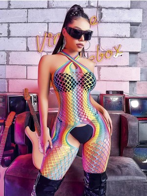 Ieg™ Gökkuşağı Desenli Fileli Fantezi Vücut Çorabı