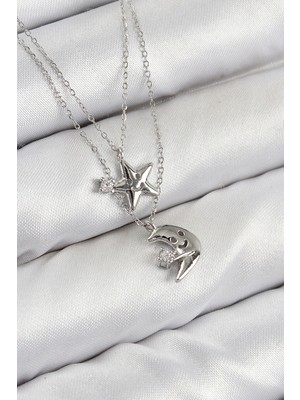 Ietaks™ Pirinç Zirkon Taşlı Yıldız ve Ay Model Gümüş Renk Kadın Kolye