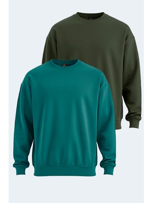 Slazenger Vadık 2li Set Erkek Oversıze Haki - Petrol Sweatshırt