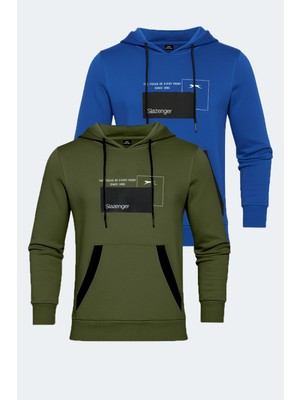 Slazenger Vanda 2 Li Set Erkek Kanguru Cepli Kapüşonlu Haki - Mavi Sweatshırt
