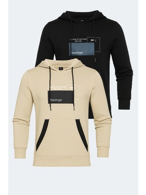 Slazenger Vanda 2 Li Set Erkek Kanguru Cepli Kapüşonlu Haki - Mavi Sweatshırt