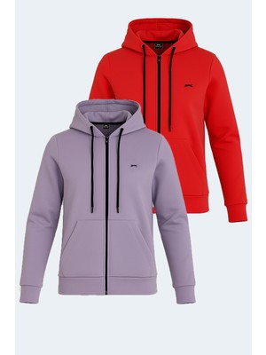 Slazenger Katya 2 Li Set Kadın Fermuarlı Kapüşonlu Cepli Beyaz - Siyah Sweatshırt