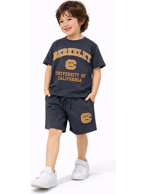 ButumiKids Erkek Çocuk Yazı Detay Baskılı Bisiklet Yaka Pamuklu T-Shirt Şort Alt Üst Takım