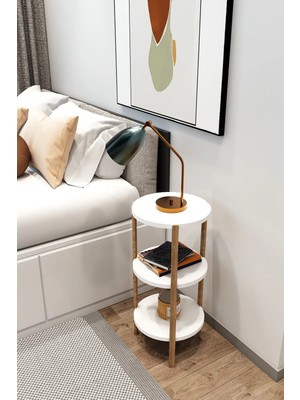 Jest Dekor Konsept Jest Dekor Miray Beyaz 3 Raflı Yuvarlak Ahşap Sehpa Estetik Tasarım Çok Amaçlı Kullanım