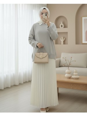 Modamorfo Bisiklet Yaka Eteği Fitilli Salaş Triko Kazak   -Gri