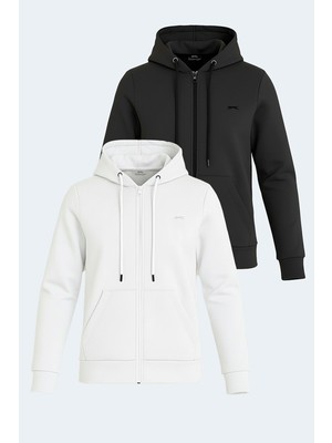 Slazenger Katya 2 Li Set Kadın Fermuarlı Kapüşonlu Cepli Beyaz - Siyah Sweatshırt