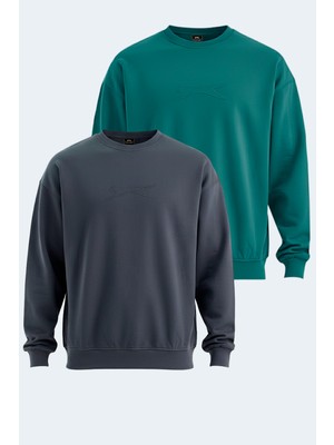 Slazenger Vadık 2li Set Erkek Oversıze Haki - Petrol Sweatshırt