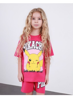 ButumiKids Kız Çocuk Karakter Baskılı Bisiklet Yaka Pamuklu T-Shirt Şort Alt Üst Takım