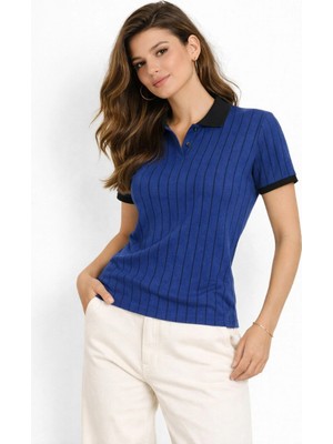 Velmora Fashion Kadın Polo Yaka Çizgili Tişört Kısa Kol Düğmeli Yazlık T-Shirt - Saks Mavisi