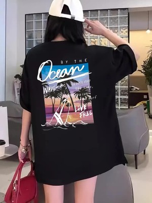 Velmora Fashion Kısa Kollu, Bol Kesim, Manzaralı Okyanus Baskı, Siyah -