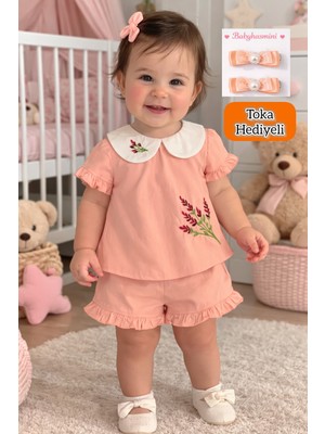 Kız Bebek Nakışlı Şortlu Takım – Yaka Detaylı Yazlık Bebek Takımı