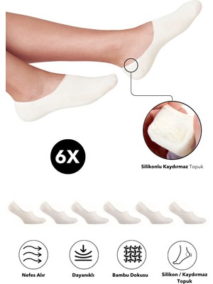 Bambu Kadın Babet Krem Çorap Dikişsiz Görünmez Kaydırmaz Topuk Silikonlu Premium 6'lı Krem Paket