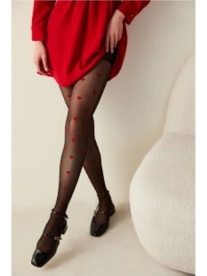 Penti Kadın Siyah Red Heart Kalpli Desenli Külotlu Çorap