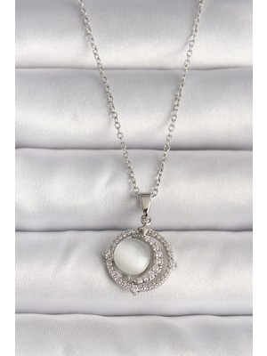 Ietaks™ 316L Çelik Gümüş Renk Zirkon Taşlı Beyaz Sedefli Hilal Model Kadın Kolye