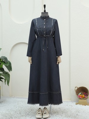 Modamorfo Yarım Düğmeli Püskül Detaylı Tünel Bağcıklı Kot Elbise -Siyah