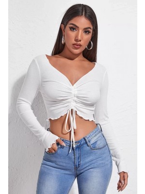 Marsilyan Kadın Beyaz Uzun Kollu Büzdürme Bağcık Detaylı Crop Top Bluz