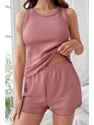 Marsilyan Kadın Tozlu Pembe Kenarları Fırfırlı Şortlu Kaşkorse Gecelik Takımı