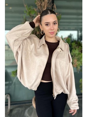 Prifaldi Premium Oversize Bej Süet Bomber Ceket