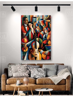 SML Tablo Kontbas Çalan Model Caz Bar Kübik Müzisyenler Müzik Dekor Dikey Kanvas Tablo