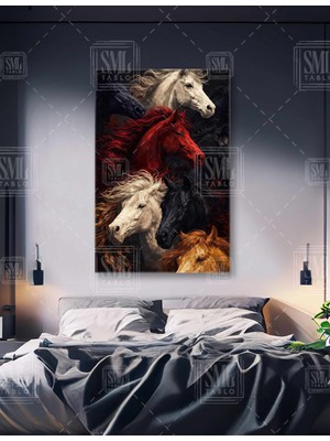 SML Tablo Kırmızı Beyaz Siyah ve Kahverengi At Sürüsü Modern At Dekor Dikey Kanvas Tablo