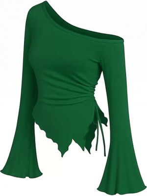 Marsilyan Kadın Yeşil Uzun Ispanyol Kollu Asimetirik Yaka Yandan Bağlamalı Drapeli Bluz