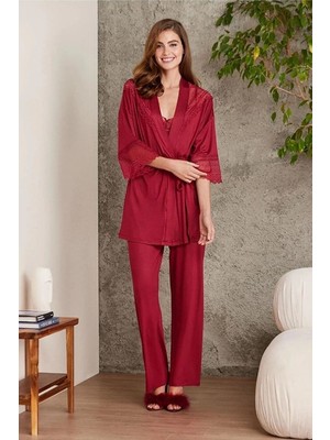 Pierre Cardin 2820 Kadın Bordo Dantelli Penye 3'lü Sabahlıklı Pijama Takım
