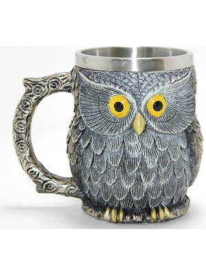 Marsilyan Bilge Baykuş Figürlü 3D Kabartmalı Paslanmaz Çelik Kupa Bardak