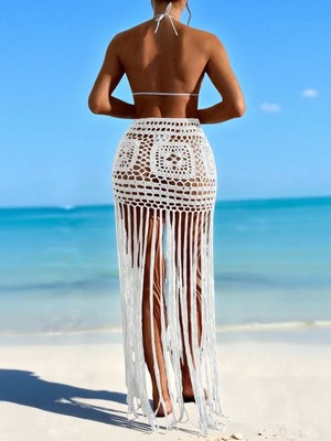 Marsilyan Ekru Bikini Etek,kadın Bohem Tığ Işi Pareo– Bikini Üstü Şık Plaj Kombini-Plaj & Beach Club Kombin