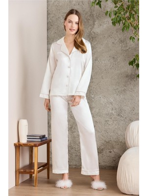 Pierre Cardin Saten Biyeli Pijama Takımı 1200 Ekru