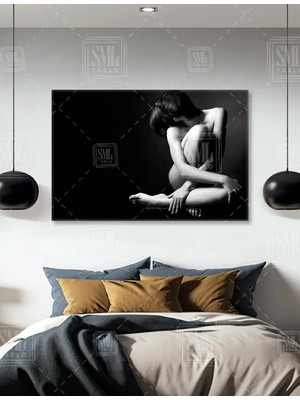 SML Tablo Nü Kadın Siyah Beyaz Çıplak Poz Veren Sanatsal Dekor Yatay Kanvas Tablo