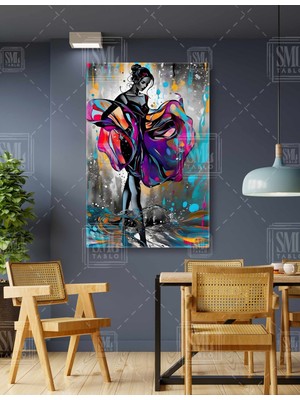 SML Tablo Renkli Tütü Etekli Balerin Banksy Tarzı Kadın Dansçı Dikey Kanvas Tablo