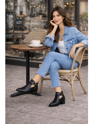 Defne Shoes Vera Kadın Siyah Deri Ayakkabı Tokalı Bilekten Bantlı Arkadan Fermuar Günlük Rahat Kısa Bot