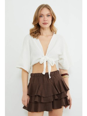FullaModa Önü Bağlamalı Bürümcük Kumaş Crop Bluz