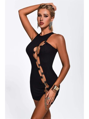 Bilfold Bayan Zincirli Siyaini Elbise