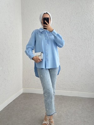 Modamorfo Yakalık Detaylı Arkası Uzun Düğmeli Gömlek -Mavi