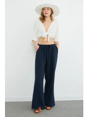 FullaModa Beli Bağlamalı Müslin Kumaş Palazzo Pantolon