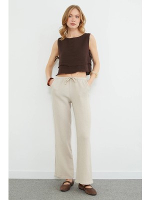 FullaModa Beli Bağlamalı Müslin Kumaş Palazzo Pantolon