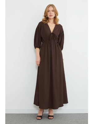 FullaModa Önü Bağlamalı Beli Lastikli Maxi Boy Elbise