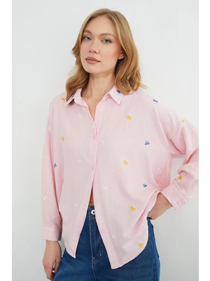 FullaModa Fiyonk Nakışlı Oversize Gömlek