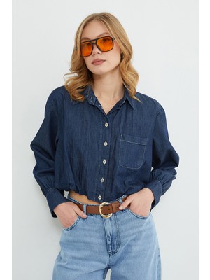 FullaModa Düğmeli Tek Cepli Crop Jean Gömlek