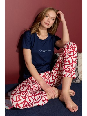 FullaModa Kalp Desenli Bisiklet Yaka Pijama Takımı