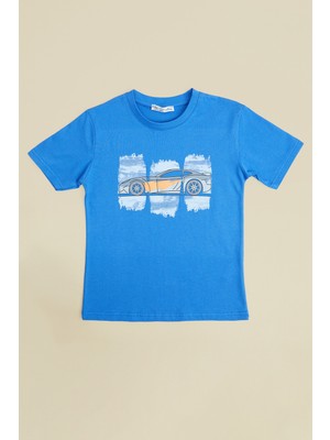 FullaModa Araba Baskılı Bisiklet Yaka Erkek Çocuk Tişört