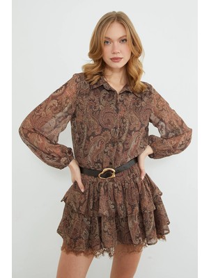 FullaModa Etnik Desenli Kemerli Dantelli Mini Boy Elbise