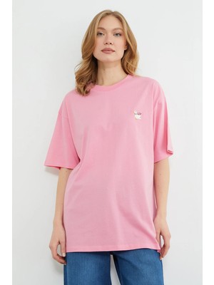 FullaModa Ördek Nakışlı Bisiklet Yaka Tişört