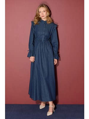 FullaModa Fullamodest Yarım Düğmeli Beli ve Kolu Lastikli Jean Elbise