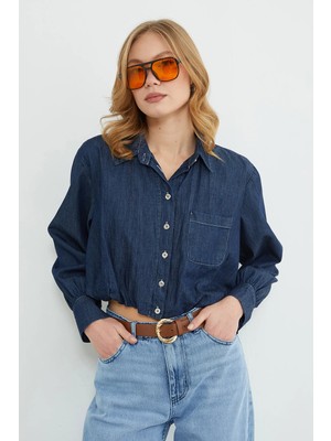 FullaModa Düğmeli Tek Cepli Crop Jean Gömlek