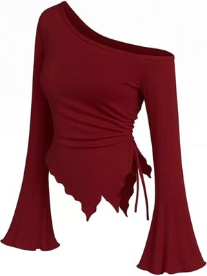 Marsilyan Kadın Bordo Uzun Ispanyol Kollu Asimetirik Yaka Yandan Bağlamalı Drapeli Bluz